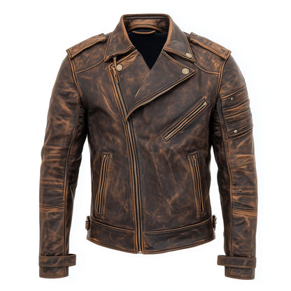Mens Vintage Biker Leather Jacket Zipper Lepal Collar Multipockets Brown Motercycle Distressed Genuine Leather Jackets For Men
