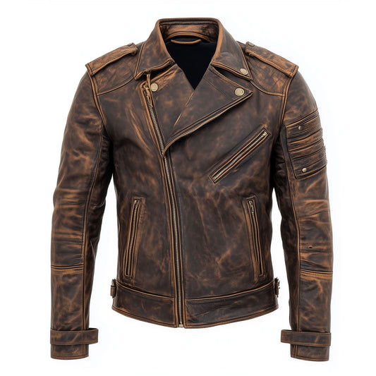 Mens Vintage Biker Leather Jacket Zipper Lepal Collar Multipockets Brown Motercycle Distressed Genuine Leather Jackets For Men