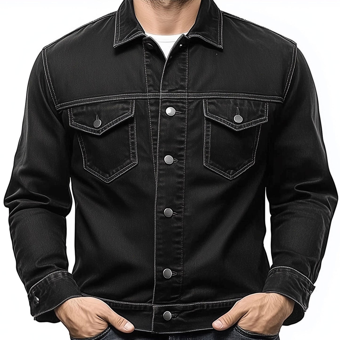 Mens Jean Jacket Black Trucker Style Jacket Button-down Front, Chest  and Waist Pockets Denim Jackets