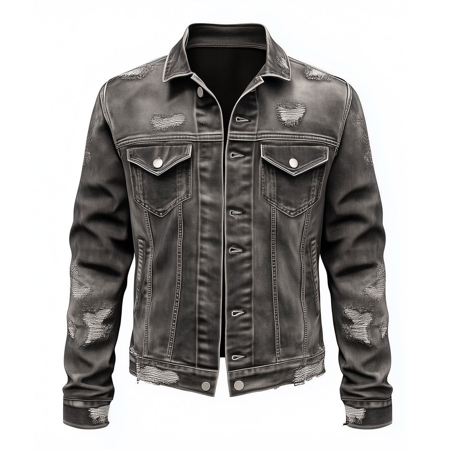 Mens Denim Distressed Comfortable Durable Flaps Slanted Front Pockets Lepal Grey Jeans Trucker Jackets