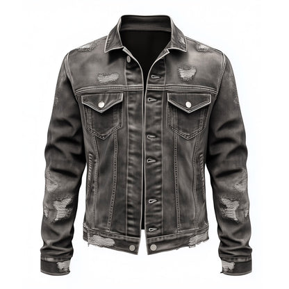 Mens Denim Distressed Comfortable Durable Flaps Slanted Front Pockets Lepal Grey Jeans Trucker Jackets
