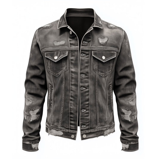 Mens Denim Distressed Comfortable Durable Flaps Slanted Front Pockets Lepal Grey Jeans Trucker Jackets