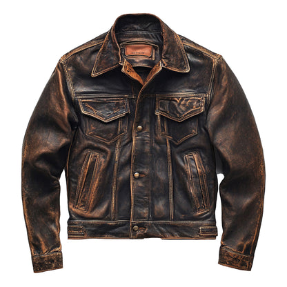 Mens Vintage Leather Trucker Jacket  Multipockets Flaps Slanted Pockets Denim Genuine Leather Jackets For Men