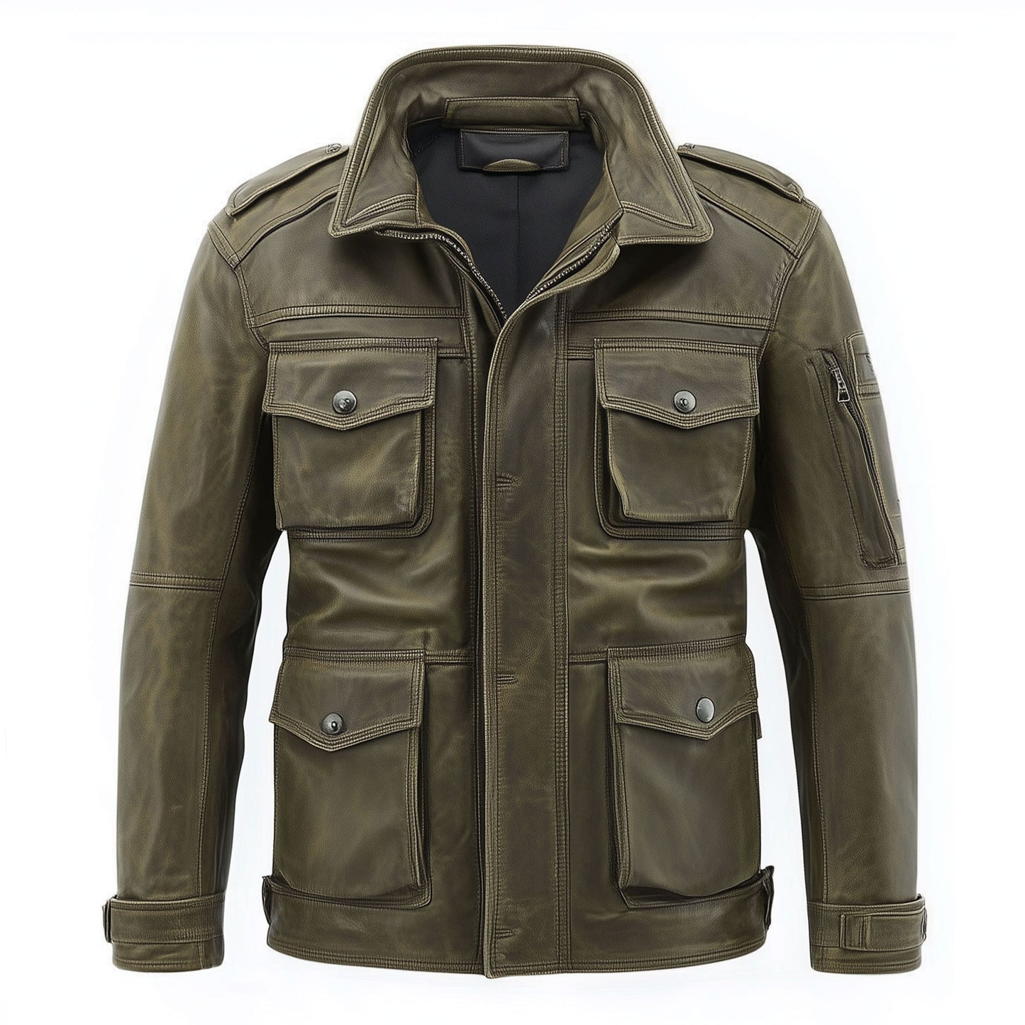 Mens Leather Jacket Green Military Field Zipper Protection Lepal Collar Multipockets Flaps Slanted Pockets Genuine Leather Jackets For Men