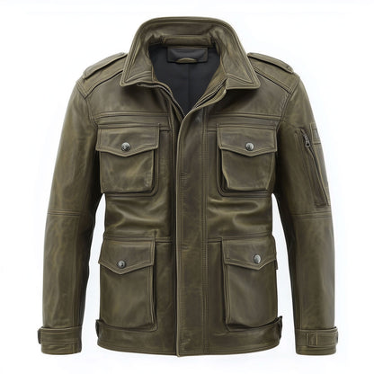 Mens Leather Jacket Green Military Field Zipper Protection Lepal Collar Multipockets Flaps Slanted Pockets Genuine Leather Jackets For Men