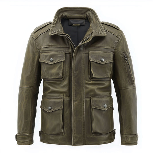 Mens Leather Jacket Green Military Field Zipper Protection Lepal Collar Multipockets Flaps Slanted Pockets Genuine Leather Jackets For Men