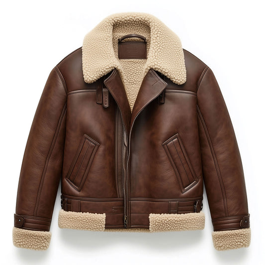 Shearling Brown Leather Jacket Genuine Classic Sheepskin Fur Leather B3 Bomber Leather Aviator Jackets For Men