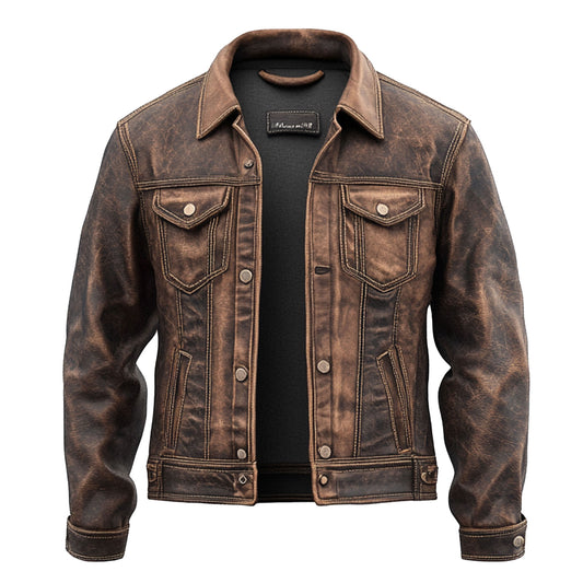 Mens Vintage Leather Trucker Jacket  Flaps Slanted Pockets Denim Genuine Leather Jackets For Men