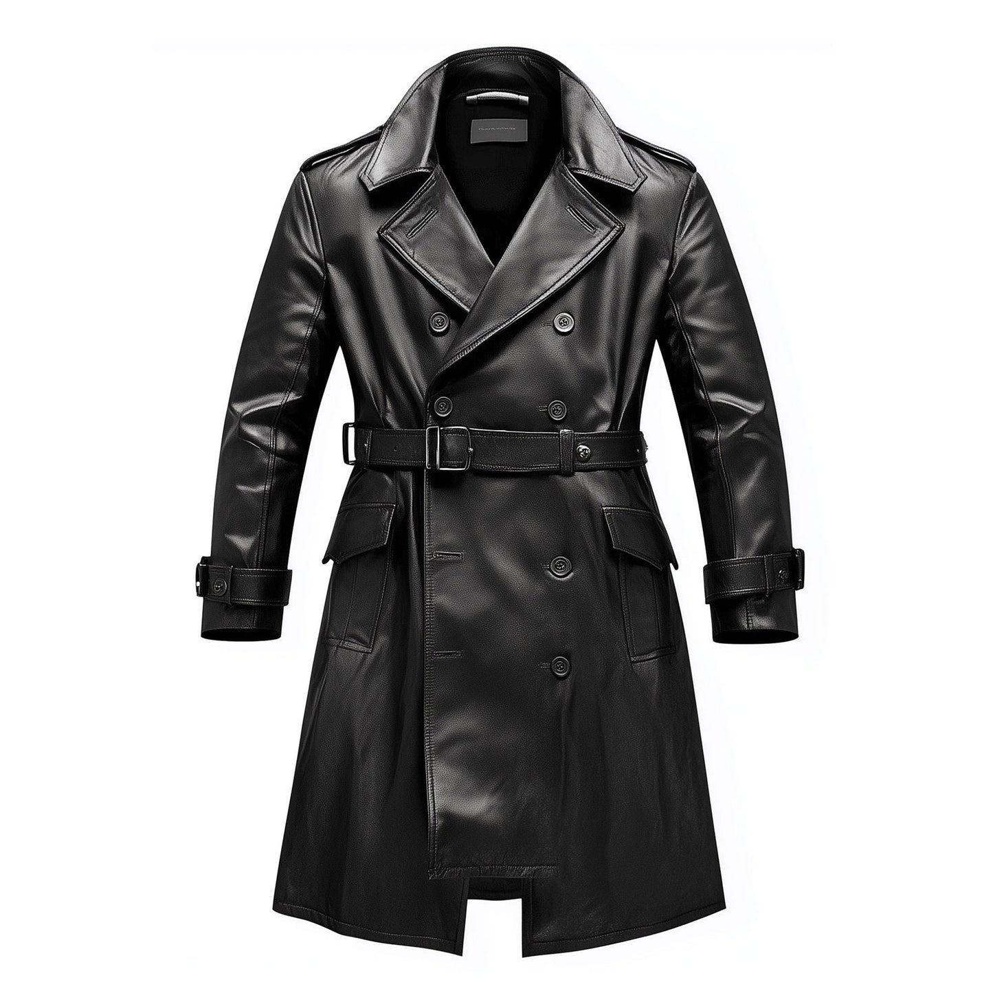 Mens Mini Trench Coat Knee Length Leather Trench Coat Double Breasted Leather Jacket Water Resistant Storm Flap Lepal Collar Multipockets Genuine Leather Jackets For Men