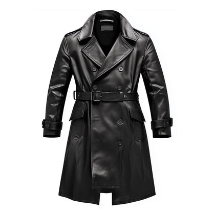 Mens Mini Trench Coat Knee Length Leather Trench Coat Double Breasted Leather Jacket Water Resistant Storm Flap Lepal Collar Multipockets Genuine Leather Jackets For Men