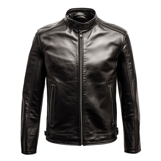 Mens Cafe Racer Biker Leather Jacket Zipper Stand Collar Multipockets Motercycle Genuine Leather Jackets For Men