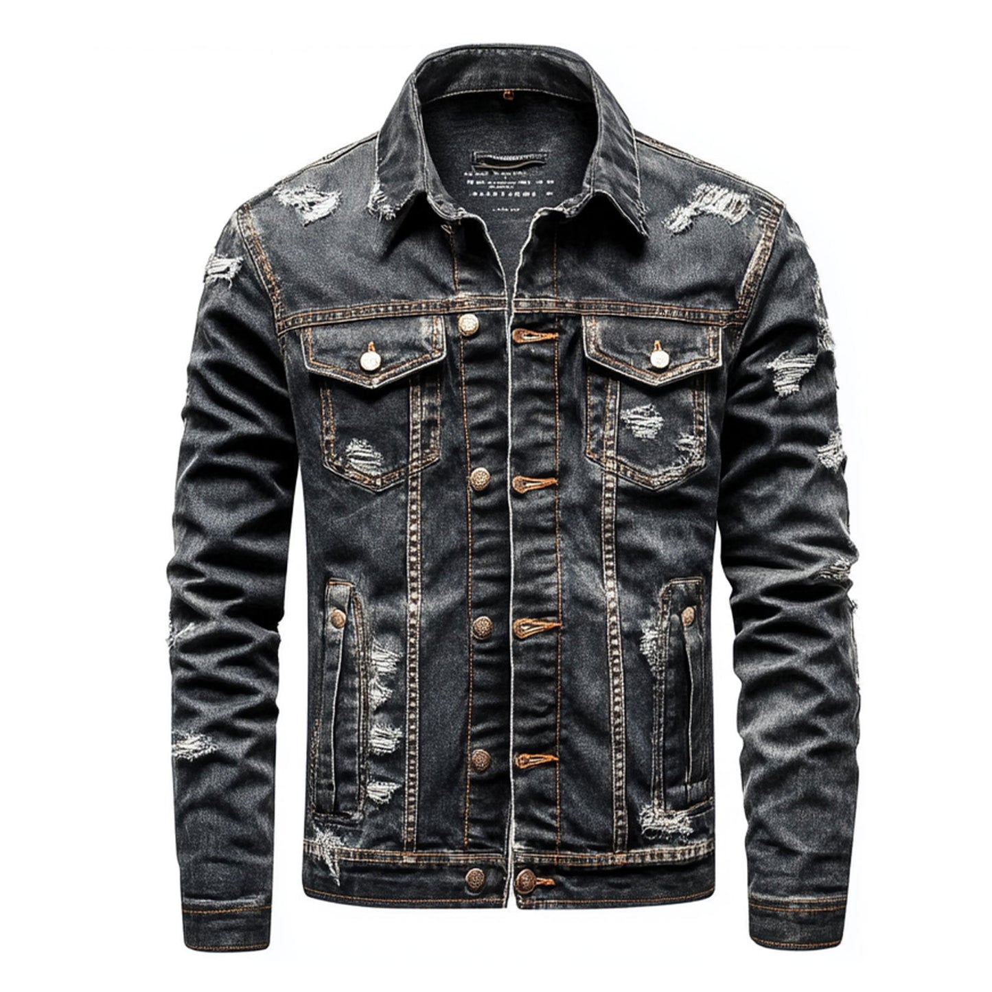Mens Denim Jacket Distressed Comfortable Durable Black Jeans Flaps Slanted Front Pockets Lepal Trucker Jackets For Men