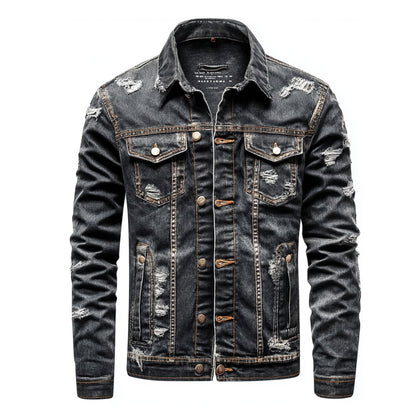 Mens Denim Jacket Distressed Comfortable Durable Black Jeans Flaps Slanted Front Pockets Lepal Trucker Jackets For Men