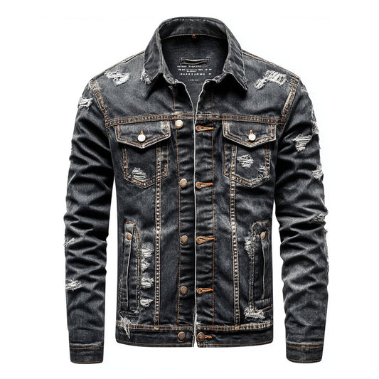 Mens Denim Jacket Distressed Comfortable Durable Black Jeans Flaps Slanted Front Pockets Lepal Trucker Jackets For Men