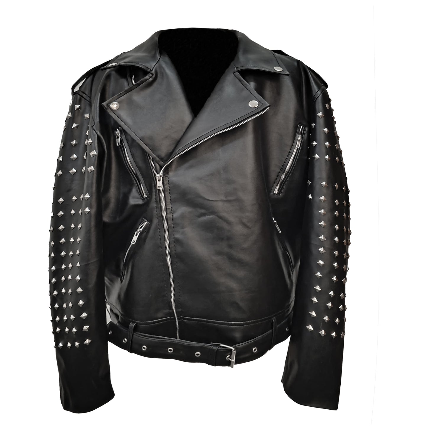 Mens Motorbike Jacket Rock Punk Spike Studded Motorcycle Biker Multi Zipper Genuine Leather Jackets