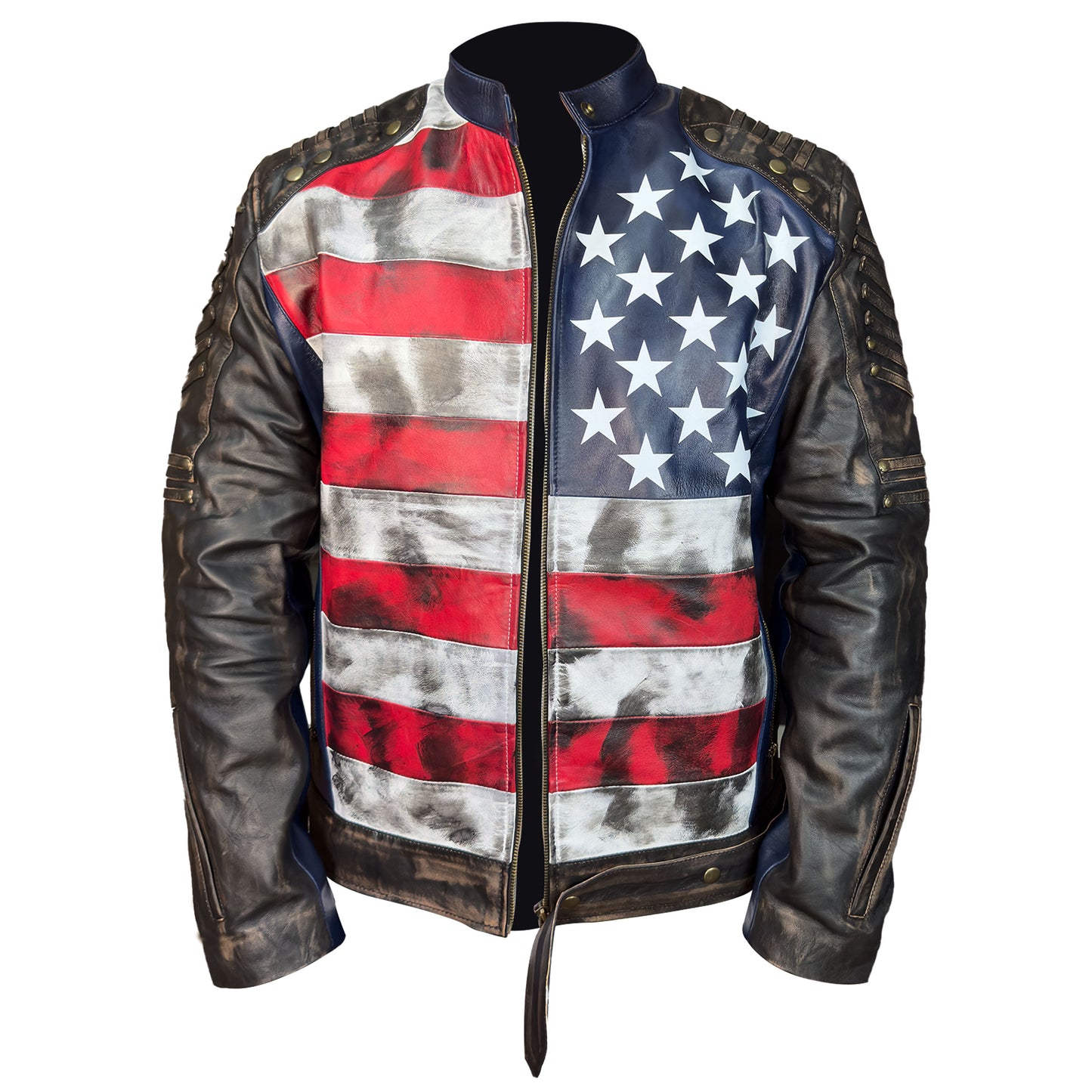 Mens Distressed Inspired by American Flag USA Casual Motorcycle Zipper Coat With USA Flag Genuine Leather Jackets