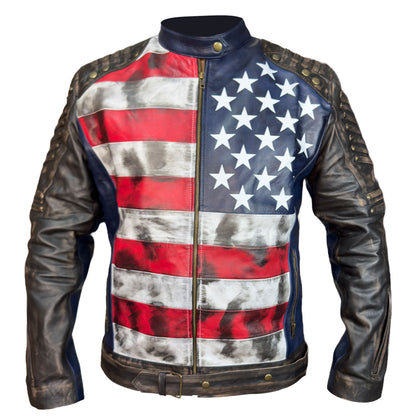 Mens Distressed Inspired by American Flag USA Casual Motorcycle Zipper Coat With USA Flag Genuine Leather Jackets