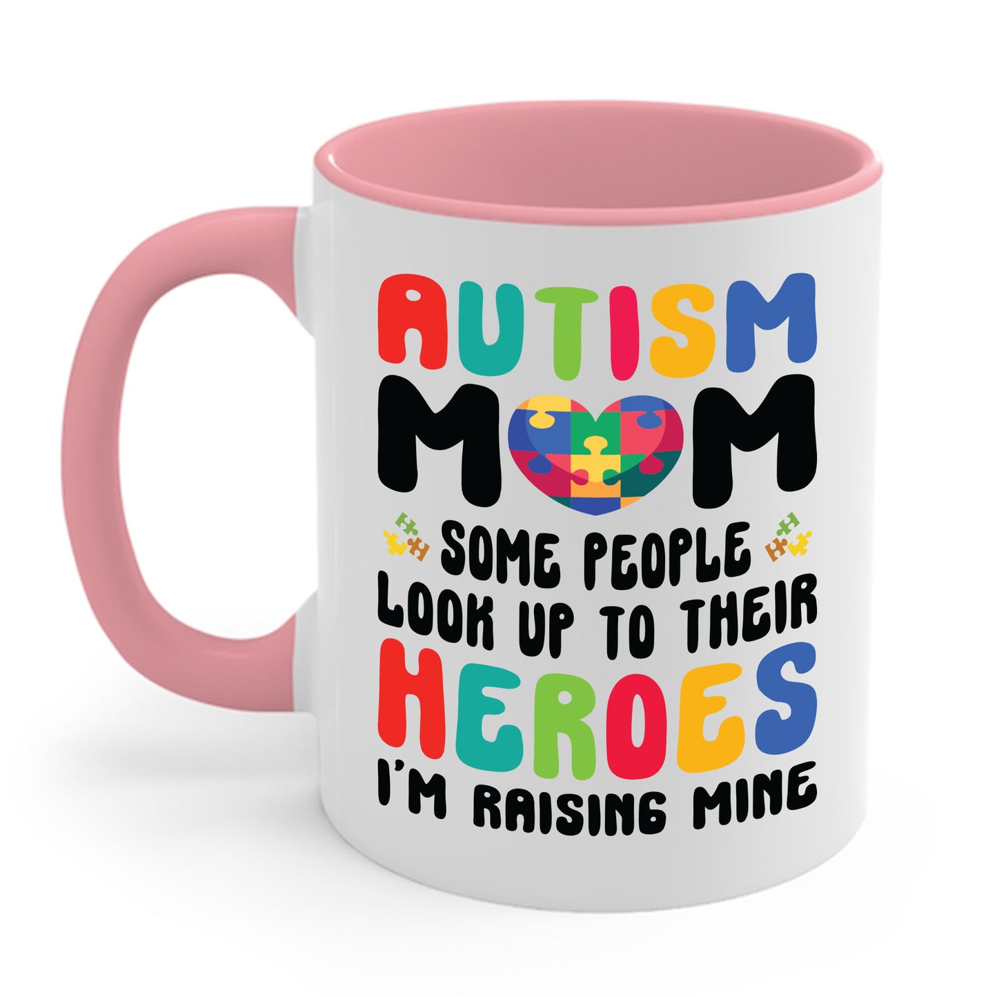 Funny Autism Mom Raising Hero Groovy Messy Bun Autism Awareness Coffee Mug For Men Women