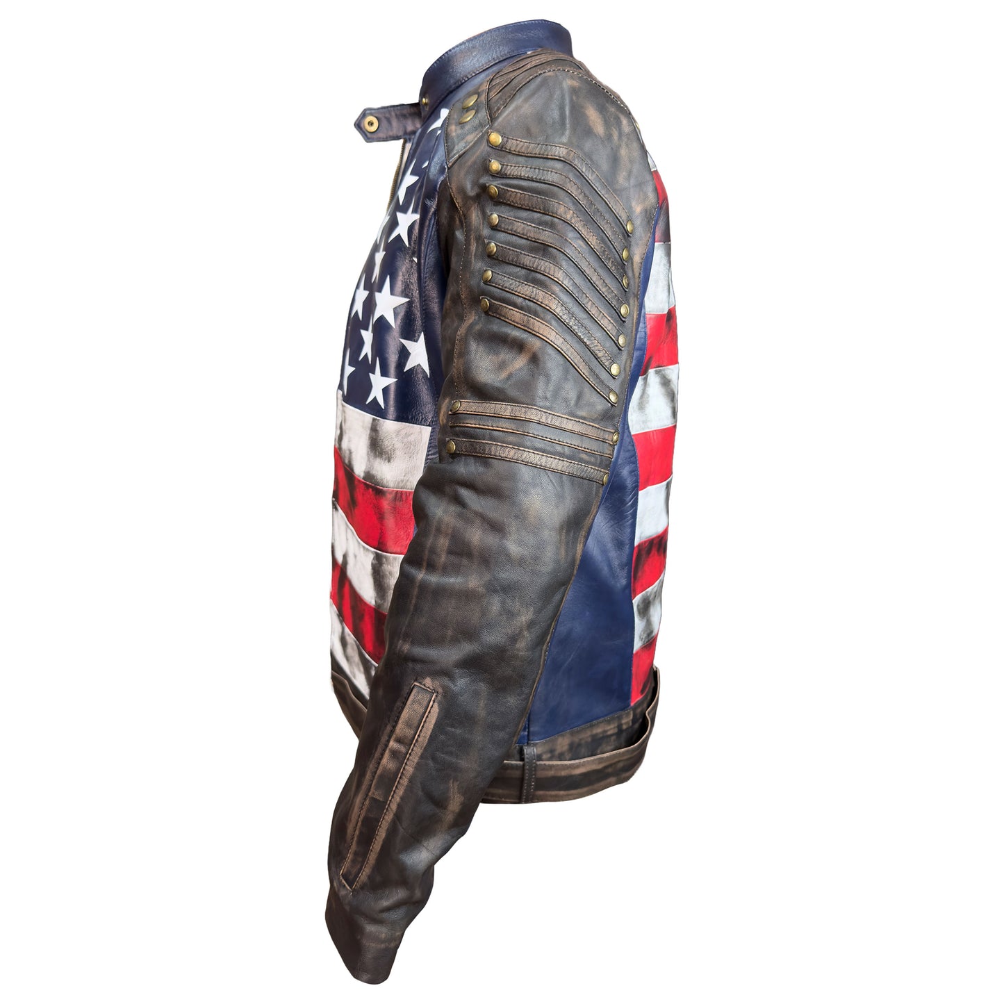 Mens Distressed Inspired by American Flag USA Casual Motorcycle Zipper Coat With USA Flag Genuine Leather Jackets