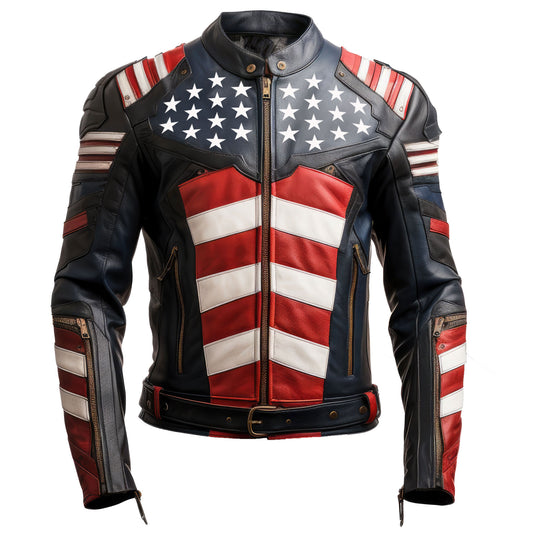 Mens Leather Jacket Inspired by American Flag USA Casual Motorcycle Zipper Coat With USA Flag Stitched Genuine Leather Jackets