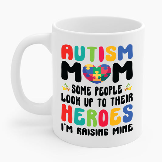 Funny Autism Mom Raising Hero Groovy Messy Bun Autism Awareness Coffee Mug For Men Women