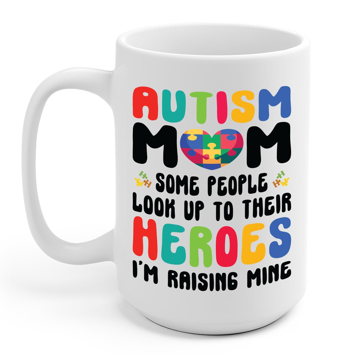 Funny Autism Mom Raising Hero Groovy Messy Bun Autism Awareness Coffee Mug For Men Women